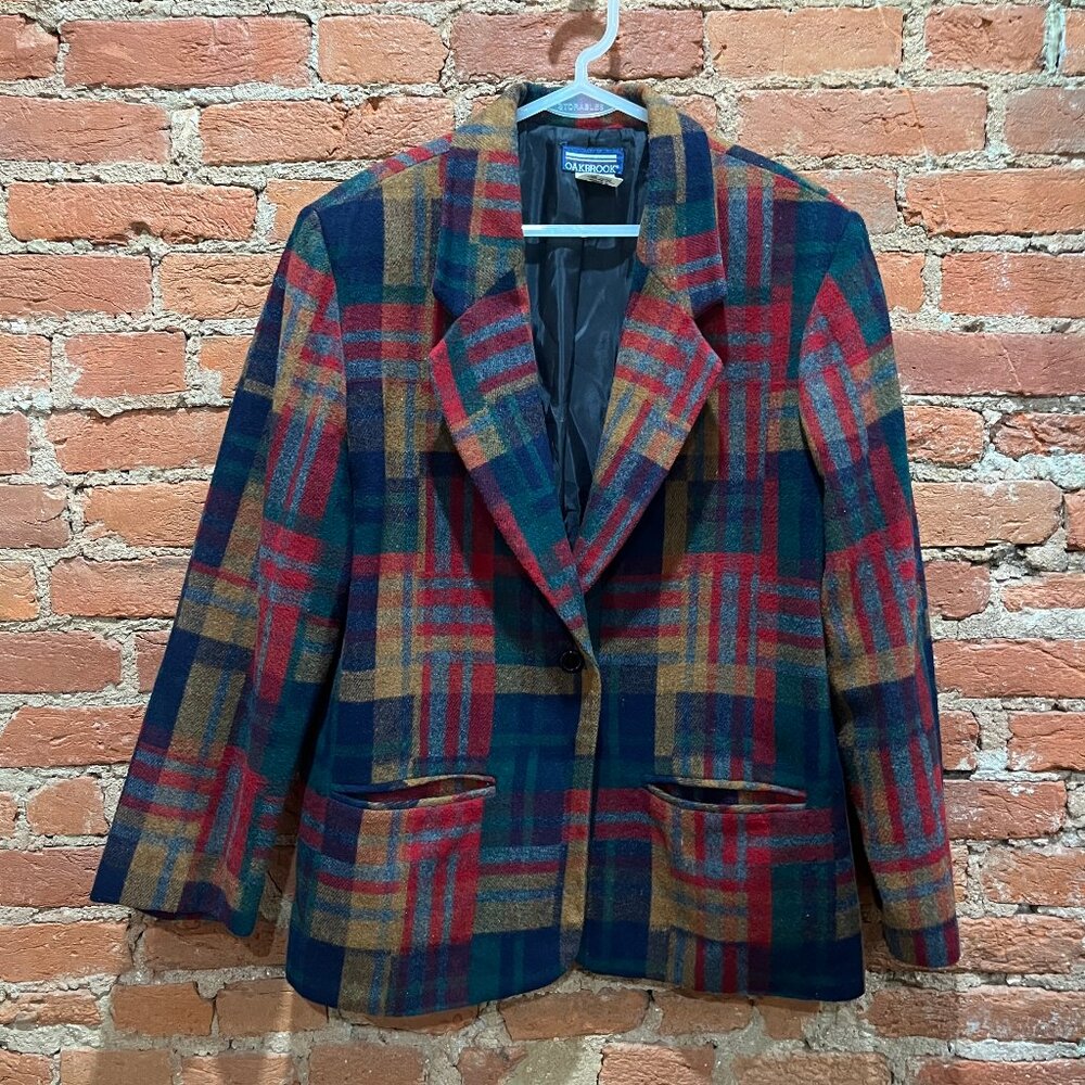Vintage Oakbrook Women's Multicolor Blanket Plaid Jacket Blazer Sz M Wool Blend